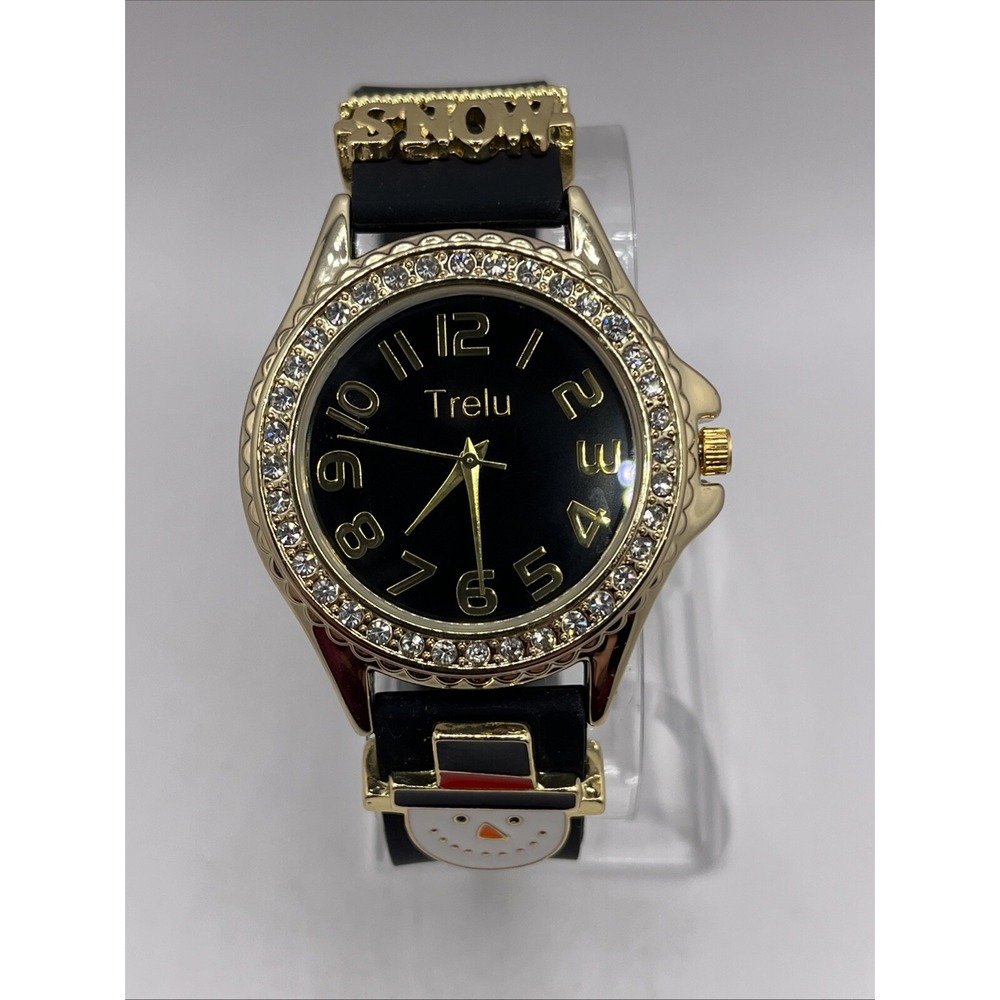 Trelu Women's Quartz Watch Snow & Snowman Black Silicone Band- New Battery‎